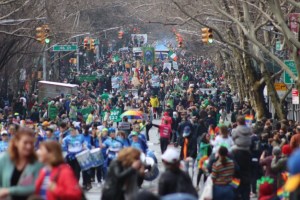 Skillman Avenue was filled with marchers and spectators during the St. Pats For All parade Sunday (Photo by Michael Dorgan, Queens Post)