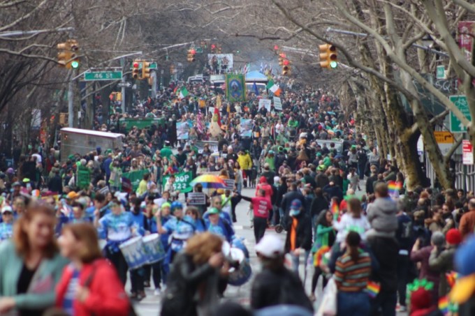 Skillman Avenue was filled with marchers and spectators during the St. Pats For All parade Sunday (Photo by Michael Dorgan, Queens Post)